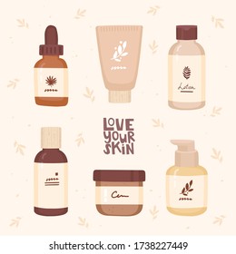 Set of cosmetic packaging. Serum, cream, lotion, fluid. Handwritten lettering love your skin. Delicate background, pattern of leaves. Stages of skin care, icon design. Night and day skin care, routine