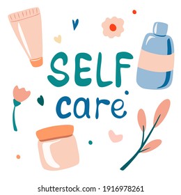 Set of cosmetic packaging. Serum, cream, lotion, fluid. Handwritten lettering Skin care. Night and day skin care, routine. Illustration in cartoon style. Print design