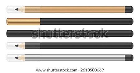 Set of cosmetic pencils. Thin and long eye liners. Black pencils with silver, gold and transparent caps.