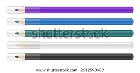 Set of cosmetic pencils. Thin and long eye liners. Purple, blue, green, white and black pencils with transparent caps.	