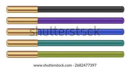 Set of cosmetic pencils. Thin and long eye liners. Purple, blue, green, olive and black pencils with gold caps.