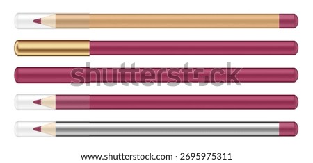 Set of cosmetic pencils. Thin and long lip liners. Red pencils with silver, gold and transparent caps.