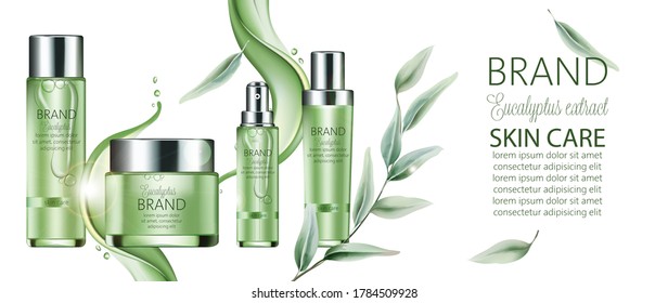 Set of cosmetic with place for text. Spray, cream, body milk. Eucalyptus extract. Realistic. Vector