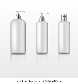 Set of cosmetic plastic bottle isolated on white background. Liquid container for gel, lotion, cream, shampoo. Vector illustration.