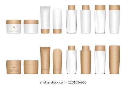 Set of cosmetic plastic bottle, jar, tube. Liquid container for gel, lotion, cream, shampoo, bath foam. Beauty product package. Vector illustration.