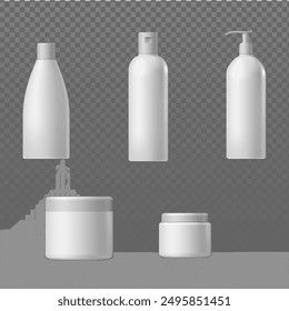 a set of cosmetic product bottle mockups on a gray background.