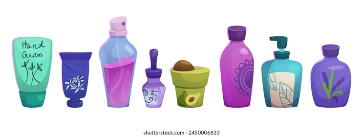 Set of cosmetic product bottles isolated on white background. Vector cartoon illustration of plastic jar, tube, dispenser and pipette bottle, body skin care cream, lotion, face scrub, mask, hair