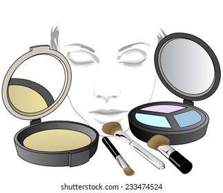 Set of cosmetic product for face! Makeup product for eyes, face, lips and tools. Mascara, eyeshadow, lipstick, lip liner, brushes, sponge, foundation, powder