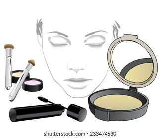 Set of cosmetic product for face! Makeup product for eyes, face, lips and tools. Mascara, eyeshadow, lipstick, lip liner, brushes, sponge, foundation, powder