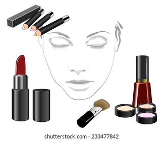 Set of cosmetic product for face! Makeup product for eyes, face, lips and tools. Mascara, eyeshadow, lipstick, lip liner, eyeliner, eyebrow pencil, brushes, sponge, foundation, powder