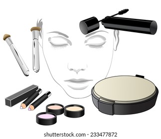 Set of cosmetic product for face! Makeup product for eyes, face and tools. Mascara, eyeshadow, eyeliner, eyebrow pencil, brushes, sponge, foundation, powder