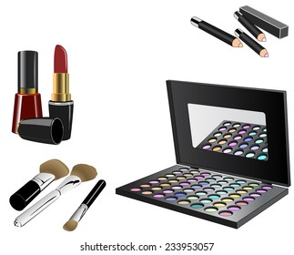 Set of cosmetic product for face! Makeup product for eyes, face, lips and tools. Mascara, eyeshadow, lipstick, lip liner, eyeliner, eyebrow pencil, brushes, sponge, foundation, powder