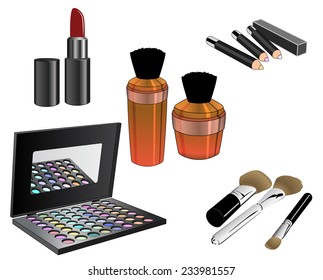 Set of cosmetic product for face! Makeup product for eyes, face, lips and tools. Mascara, eyeshadow, lipstick, lip liner, eyeliner, eyebrow pencil, brushes, sponge, foundation, powder