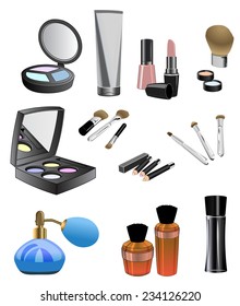 Set of cosmetic product for face! Makeup product for eyes, face and tools. Mascara, eyeshadow, eyeliner, eyebrow pencil, brushes, sponge, foundation, powder