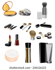 Set of cosmetic product for face! Makeup product for eyes, face and tools. Mascara, eyeshadow, eyeliner, eyebrow pencil, brushes, sponge, foundation, powder