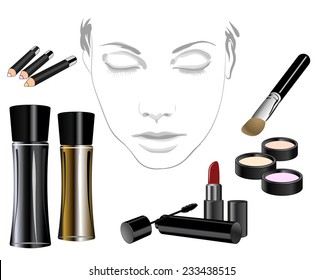 Set of cosmetic product for face.!Makeup product for eyes, face, lips and tools. Mascara, eyeshadow, lipstick, lip liner, eyeliner, eyebrow pencil, brushes, sponge, foundation, powder