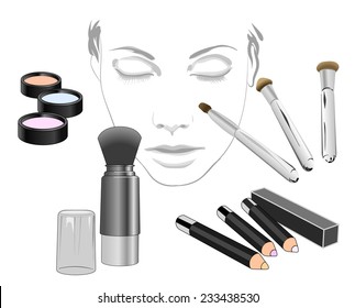 Set of cosmetic product for face.!Makeup product for eyes, face, lips and tools. Mascara, eyeshadow, lipstick, lip liner, eyeliner, eyebrow pencil, brushes, sponge, foundation, powder