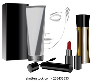 Set of cosmetic product for face.!Makeup product for eyes, face, lips and tools. Mascara, eyeshadow, lipstick, lip liner, eyeliner, sponge, foundation, powder