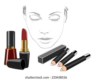 Set of cosmetic product for face.!Makeup product for eyes, face, lips and tools. Mascara, eyeshadow, lipstick, lip liner, eyeliner, eyebrow pencil, brushes, sponge, foundation, powder