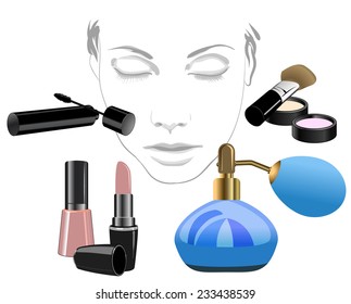 Set of cosmetic product for face.!Makeup product for eyes, face, lips and tools. Mascara, eyeshadow, lipstick, lip liner, eyeliner, brushes, sponge, foundation, powder, blush