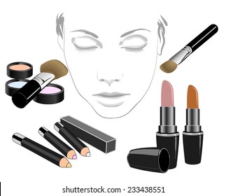 Set of cosmetic product for face.!Makeup product for eyes, face, lips and tools. Mascara, eyeshadow, lipstick, lip liner, eyeliner, eyebrow pencil, brushes, sponge, foundation, powder