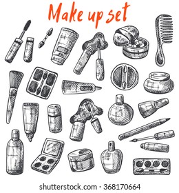 Set of cosmetic products. Beauty and cosmetics. Hand drawn vector Illustration.