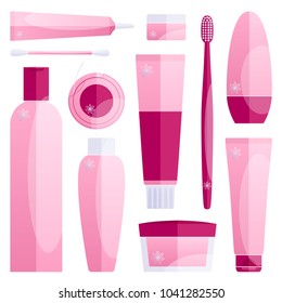 Set of cosmetic products for body care. Hygiene items in pink color. Flat style