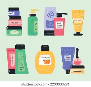 Conjunto de productos cosméticos. Colección de elementos gráficos para el sitio web. Salud y cuidado de la piel, belleza e higiene. champú, crema y loción. Ilustraciones de caricaturas de vectores planos aisladas en fondo verde