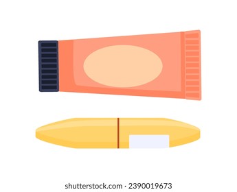 Set of cosmetic products. Cream in orange package with yellow lipstick case. Care about skin, beauty procedure. Poster or banner. Cartoon flat vector collection isolated on white background
