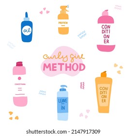 Set with cosmetic products for Curly Girl Method. Beauty bottles for conditioning kinky, frizz hair. Right cosmetics for healthy treatment of curly, wave hair. Cute, bright clipart. Hand drawn vector