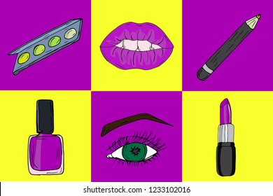 Set of cosmetic products, decorative cosmetics. Colorful neon pop art elements. Vector sketch illustration. Lips, eye, pencil, lipstick, nail polish, eyeshadow.