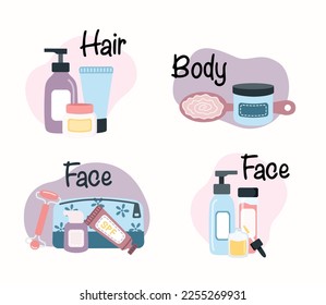 Set von kosmetischen Produkten Elemente. Werkzeuge für Schönheit, Körper, Haare, Hautpflege. Vektorgrafik