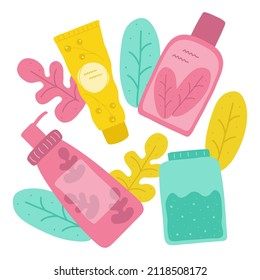 A set of cosmetic products for hair, skin, face and body care. Tubes, jars, creams, lotions, shampoos. Leaves and grass. Eco cosmetics. Organic products. Flat style, yakriy, isolated.