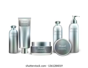 Set of Cosmetic Products Isolated on White Background. Series of Different Daily Beauty Care Products Silver Containers for Cream, Ointment, Lotion, Shampoo and Soap. 3D Vector Realistic Illustration.