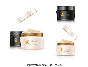 Set of cosmetic products, jar template, isolated on white background. Collection for cream, soaps, foams, shampoo, lotions mock up. 3d Vector illustration.