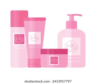 Set of cosmetic products like cleansing gel, toner, face cream and body lotion. Bottles and tubes for beauty and skin care decorated with pink flower outline logo. Vector illustration