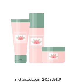 Set of cosmetic products like cleansing gel, toner and face cream. Bottles and tubes for beauty and skin care decorated with lotus flower logo. Vector illustration