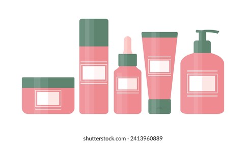 Set of cosmetic products like cleansing gel, toner, face serum, cream and body lotion. Bottles and tubes for beauty and skin care. Vector illustration