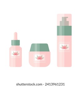 Set of cosmetic products like cleansing foam, face serum and cream. Bottles for a skin care decorated with lotus flower logo. Vector illustration