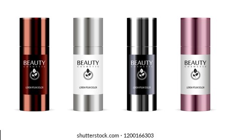 Set of cosmetic products mockup on a white background. Cosmetic package collection for cream, soups, foams, shampoo with different color. Vector blank mock up for brand template.