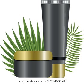 set of cosmetic products on a white background. Cosmetic package collection for cream, soups, foams, shampoo. Object, shadow, and reflection on separate layers. vector illustration. with leaf.