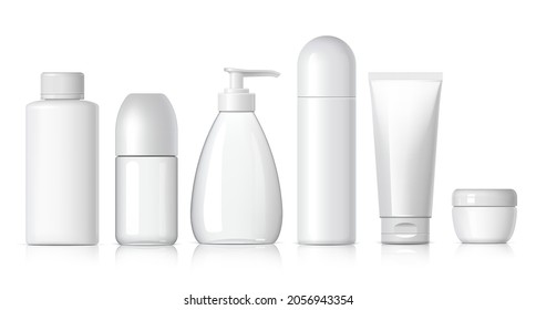 Conjunto de productos cosméticos de fondo blanco. Colección de paquetes cosméticos para crema, sopas, espumas, champú, pegamento. Objeto, sombra y reflexión en capas separadas. ilustración vectorial.