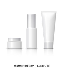 set of cosmetic products on a white background. Cosmetic package collection for cream, soups, foams, shampoo. Object, shadow, and reflection on separate layers. vector illustration.