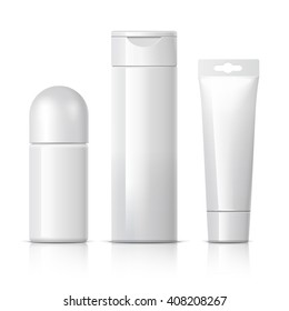 set of cosmetic products on a white background. Cosmetic package collection for cream, soups, foams, shampoo, Spray, Deodorant. vector illustration.