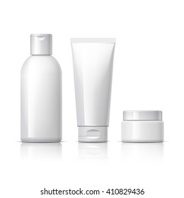 set of cosmetic products on a white background. Cosmetic package collection for cream, soups, foams, shampoo. Object, shadow, and reflection on separate layers. vector illustration.