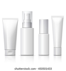 set of cosmetic products on a white background. Package collection for cream, soups, foams, shampoo. Object, shadow, and reflection on separate layers. vector illustration.