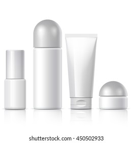 set of cosmetic products on a white background. Package collection for cream, soups, foams, shampoo. Object, shadow, and reflection on separate layers. vector illustration.