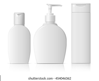 set of cosmetic products on a white background. Cosmetic package collection for cream, soups, foams, shampoo. Object, shadow, and reflection on separate layers. vector illustration.
