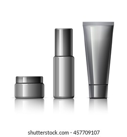 set of cosmetic products on a white background. Cosmetic package collection for cream, soups, foams, shampoo. Object, shadow, and reflection on separate layers. vector illustration.