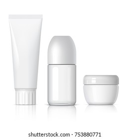 Set of cosmetic products on a white background. Cosmetic package collection for cream, soups, foams, shampoo, glue. Object, shadow, and reflection on separate layers. vector illustration.